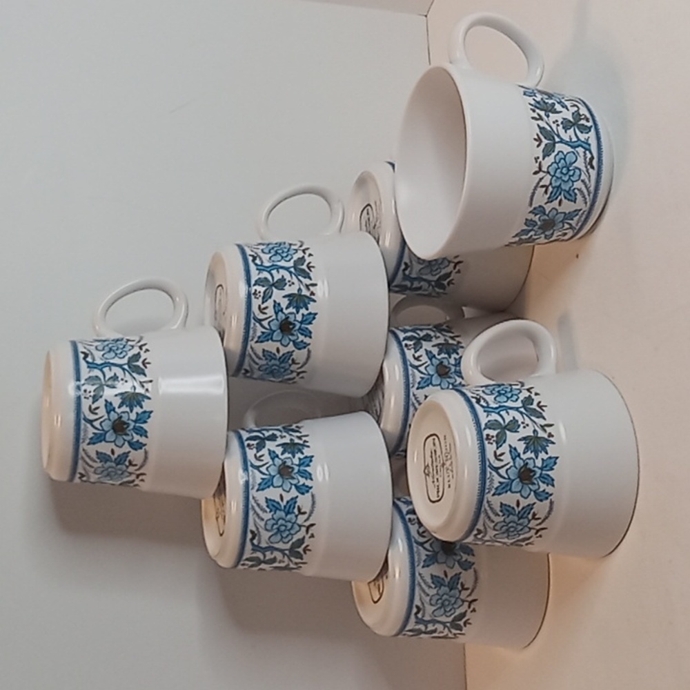 Vintage Noritake Blue Moon Pattern Porcelain Coffee Mugs / Tea Cups Set Of 8